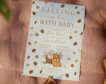 Fall Baby Shower Invitation Set: Autumn Leaves, Pumpkins (Canva Editable Template)