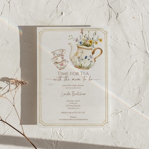 Vintage Wildblumen Teeparty-Babyparty-Einladung Zeit zum Tee mit der Mama Mama zu Dusche Einladung Digitale Vorlage Ein Baby braut