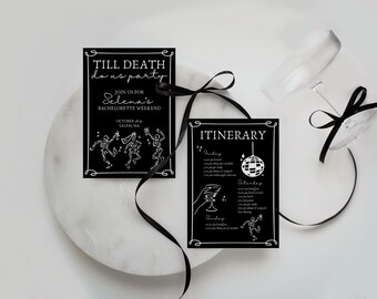 Plantilla de invitación de despedida de soltera con esqueleto gótico e itinerario (PDF digital)