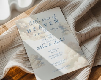 Cloud Baby Shower Invitation Set: Celestial Theme, Canva Editable (Digital Download)