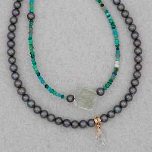 Turquoise, pearl & Mother of Pearl MOP beaded necklace - Gold Filled GF clasp - Handmade gift for him/her - Unisex