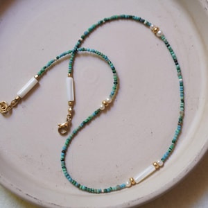 Turquoise & Mother of Pearl Necklace, Pearls, Gold Filled Clasp