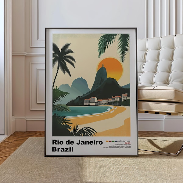 Río de Janeiro, Brasil - Impresión artística de arquitectura moderna de mediados de siglo - Póster urbano minimalista retro con diseño geométrico - Audaz mediados de siglo