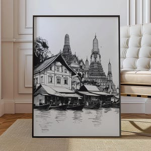 Bangkok Thailand Poster - Black White Cityscape Wall Art Thai Temple Line Drawing Riverside Skyline Print