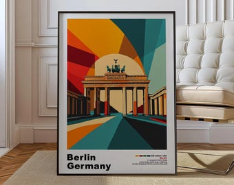 Op de afbeelding: Een kleurrijke geometrische illustratie van de Brandenburger Tor in Berlijn, Duitsland. De afbeelding gebruikt een mid-century kleurenpalet en heeft een tekstoverlay met de tekst "Berlijn Duitsland".
