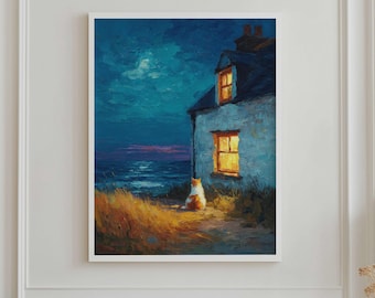 Coastal Cottage Katze Druck, Mondnacht Ozean Nacht Szene, impressionistische Wandkunst