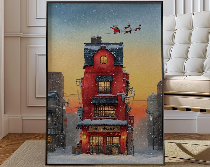 Featured listing image: Christmas Watercolor Art Print – Snowy Red Building with Santa Sleigh & Reindeer – Winter Holiday Wall Decor Poster