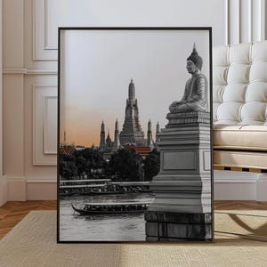 Bangkok Thailand Poster - Black White Cityscape Wall Art Thai Temple Line Drawing Riverside Skyline Print