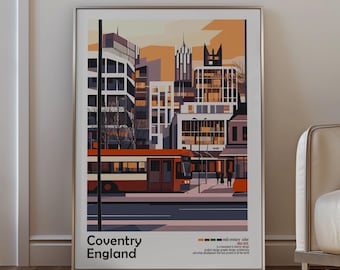 Coventry, Engeland - moderne architectuurkunstdruk uit het midden van de eeuw – minimalistische stadsposter met geometrisch ontwerp – gedurfde poster uit het midden van de eeuw