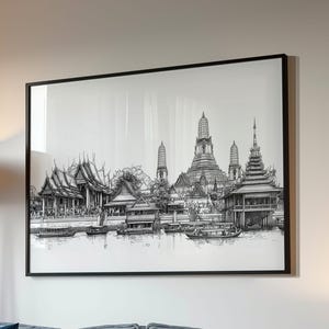 Bangkok Thailand Poster - Black White Cityscape Wall Art Thai Temple Line Drawing Riverside Skyline Print