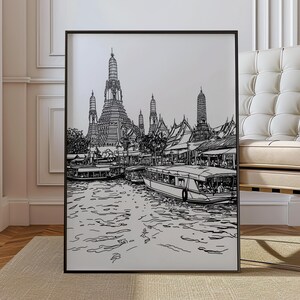Bangkok Thailand Poster - Black White Cityscape Wall Art Thai Temple Line Drawing Riverside Skyline Print