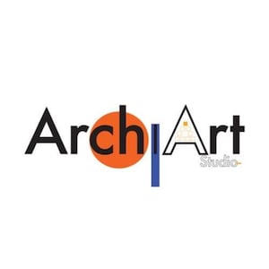 May include: The logo for Arch Art Studio features the words "Arch Art" in a bold, sans-serif font. The "ch" in "Arch" is overlaid by a bright orange circle. A blue vertical line and a stylized triangle complete the design.
