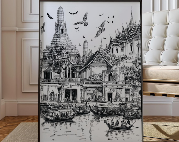 Featured listing image: Bangkok Thailand Poster - Black White Cityscape Wall Art Thai Temple Line Drawing Riverside Skyline Print