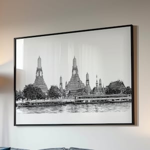 Bangkok Thailand Poster - Black White Cityscape Wall Art Thai Temple Line Drawing Riverside Skyline Print