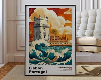 Lisbon Portugal Art Print, Mid-Century Modern Geometric Design