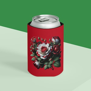 May include: Red and white roses with green leaves on a red can cooler. The can cooler is designed to fit a standard 12-ounce beverage can.