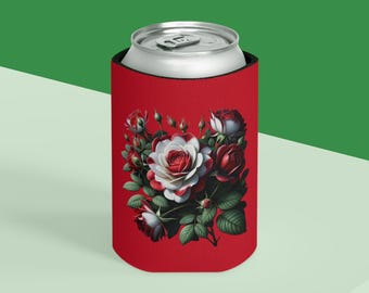 Red and White Rose Drink Coozy - Floral Drink Cozy for Summer Picnics, BBQs, Parties - Gift for Garden Lovers, Flower Enthusiasts, Outdoor