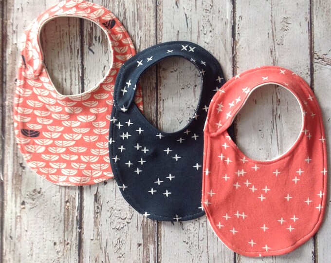 Coral and Navy Organic Bibs 3 pack