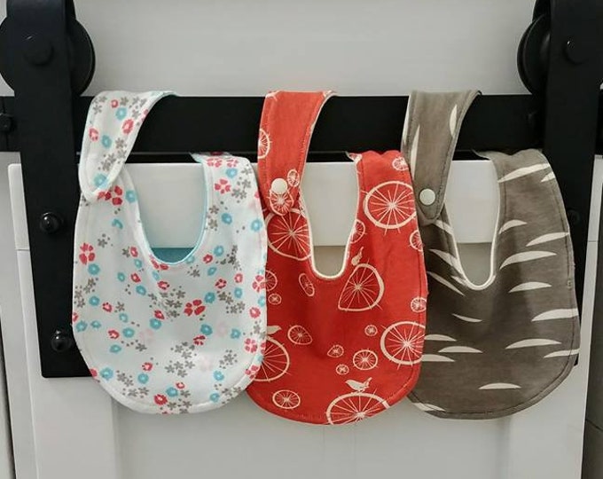 Coral Gray White Flowers Organic Bib Set of 3