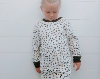 Girls knit sweater dress, Organic Cotton toddler girls long sleeve pullover sweatshirt tunic dress, knit girls winter dress, leopard print