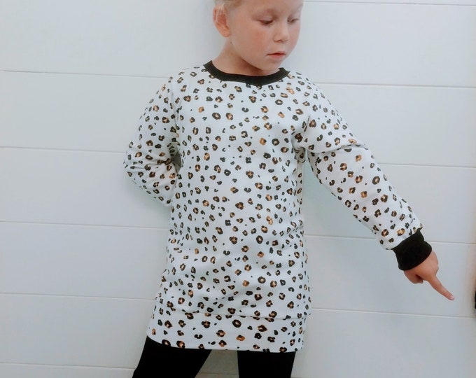 Girls Sweatshirt Pullover, Girls Oversized Sweatshirt Dress, Organic Cotton Girls Dresses, Crewneck Tunic Sweater Dress, Leopard Print