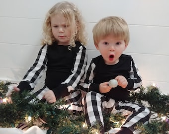 White and Black Buffalo Plaid Christmas Pajamas, Matching Holiday Pajamas