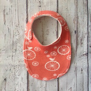 Organic Cotton Baby Bib: Coral Bird Print, Handmade