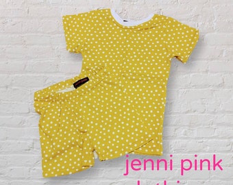 Yellow Polka Dot Pajama Set, Organic Cotton Kids Pajamas, OEKO TEX Toddler Sleepwear, Summer Pajama Shorts and T Shirt