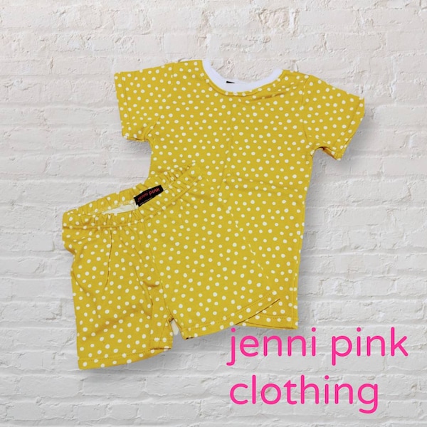 Yellow Polka Dot Pajama Set, Organic Cotton Kids Pajamas, OEKO TEX Toddler Sleepwear, Summer Pajama Shorts and T Shirt