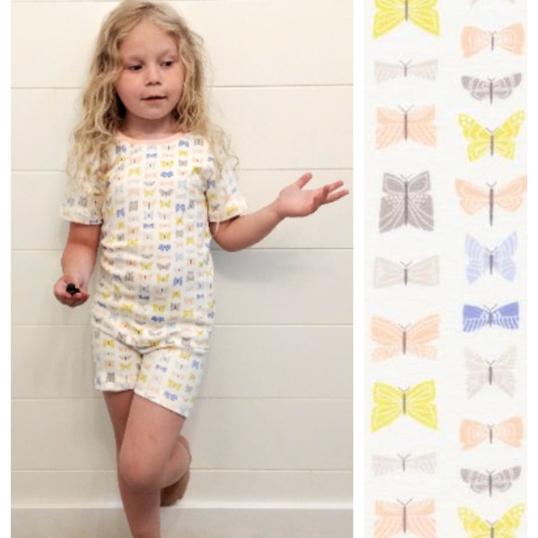 Pastel Butterfly Organic Pajamas, Organic Cotton Kid Pajamas Sleepwear, Toddler Pajama Shorts and T Shirt Pajama Set