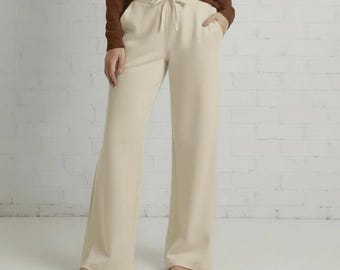 Wide Leg Fleece Lounge Pants – Sustainable Athleisure Wear - Oatmeal Beige Pants