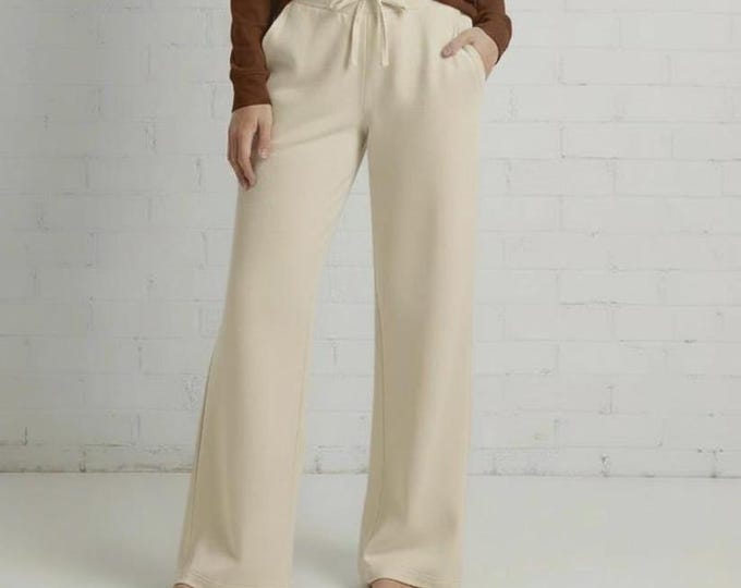 Wide Leg Fleece Lounge Pants – Sustainable Athleisure Wear - Oatmeal Beige Pants