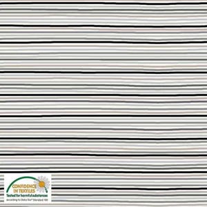 May include: A fabric with a repeating pattern of horizontal stripes in varying shades of gray, black, and white. The stripes are of varying widths and are slightly uneven, giving a hand-drawn appearance. The bottom left corner features a logo with text.