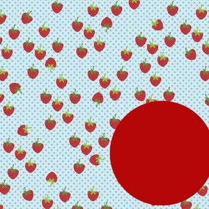 May include: A light blue polka dot pattern with scattered red strawberries. The strawberries have green stems and leaves. A large red circle is in the lower right corner. This design is suitable for fabric, wallpaper, or other craft projects.