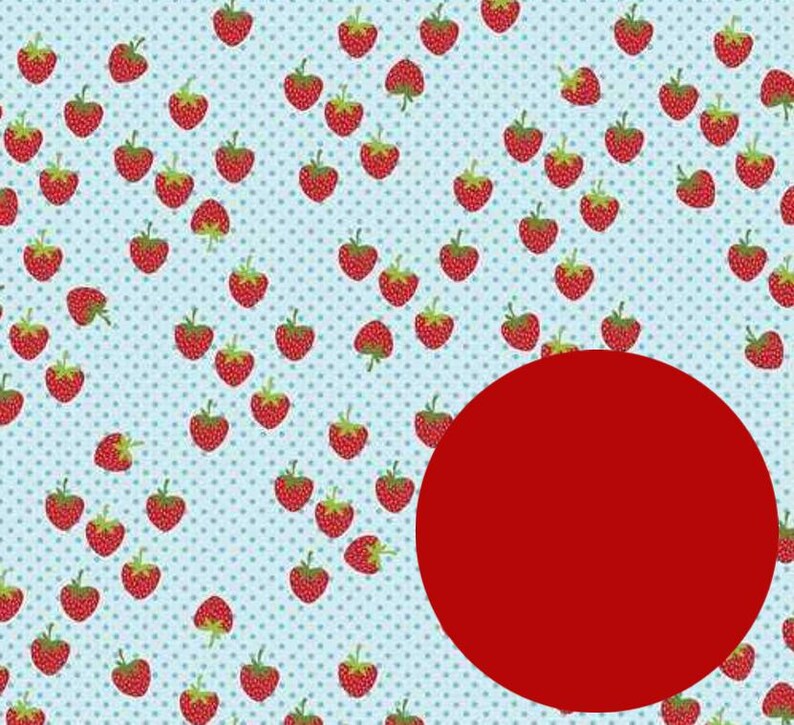 May include: A light blue polka dot pattern with scattered red strawberries. The strawberries have green stems and leaves. A large red circle is in the lower right corner. This design is suitable for fabric, wallpaper, or other craft projects.