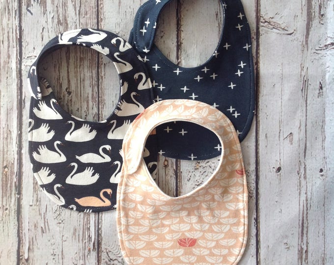 Navy and Blush Swan Bib set of 3