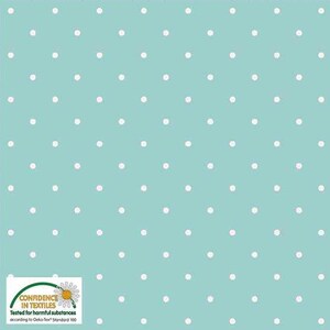 May include: A seamless pattern of white polka dots on a light teal background. The dots are evenly spaced and create a classic, playful design. The image includes a certification logo in the bottom left corner.