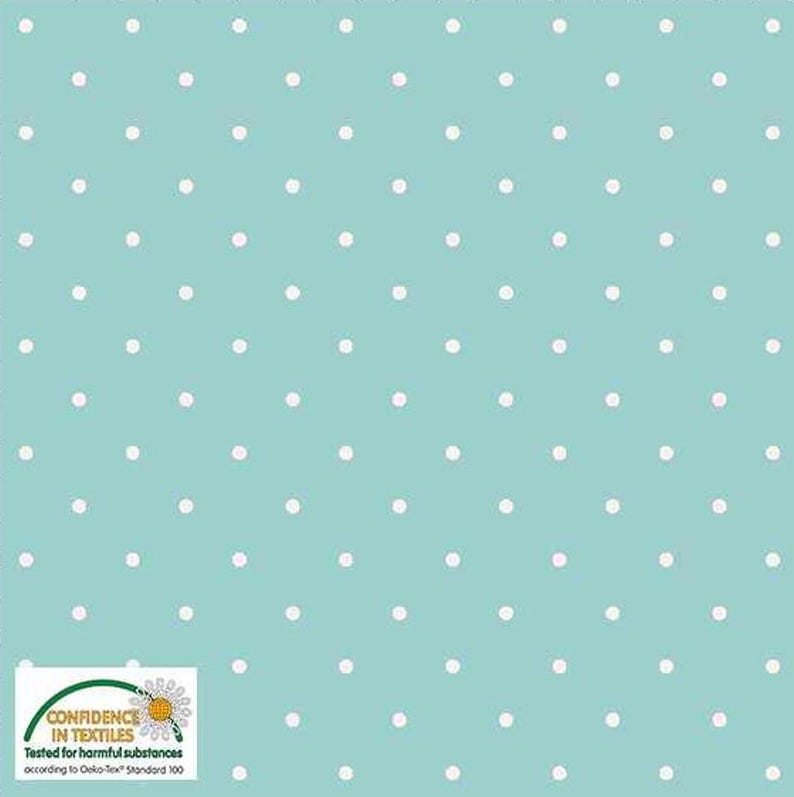 May include: A seamless pattern of white polka dots on a light teal background. The dots are evenly spaced and create a classic, playful design. The image includes a certification logo in the bottom left corner.