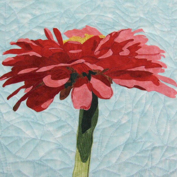 Contemporary Art Quilt Red Zinnia Flower