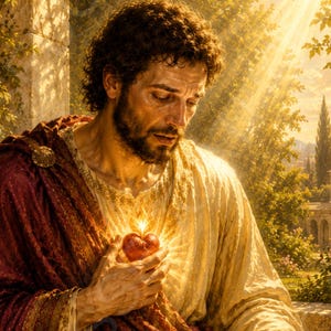 Può includere: Una figura barbuta con capelli scuri ricci indossa una tunica color crema e un mantello rosso scuro. La figura tiene in mano un cuore luminoso sormontato da una fiamma, mentre l'altra mano poggia su un libro antico aperto con testo.