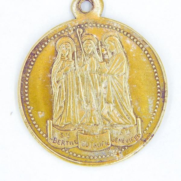 Antique Saint Genevieve, Saint Bertile, Eutropie Catholic Medallion | Rare Patron Saint Jewelry | Bronze Catholic Medal Jewelry Shop  19