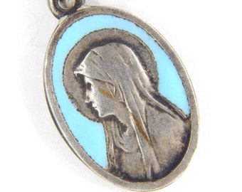 Vintage Blue Turquoise Our Lady of Lourdes - Virgin Mary Catholic Medal | Blue Enamel Sacramental Charm | Traditional Catholic Jewelry -12