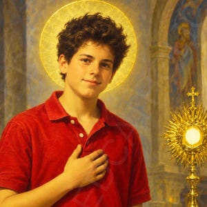 May include: A painting of a young person with curly brown hair wearing a red polo shirt and blue jeans. A golden halo surrounds their head. To the right, a golden monstrance sits on a table covered with a white lace cloth. White lilies are visible.