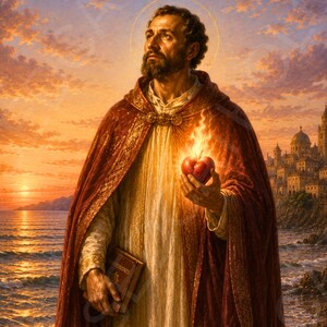 May include: A bearded man with a halo stands on a rocky shore at sunset, wearing a cream-colored robe and a deep red cloak. He holds a glowing, flaming heart in one hand and a dark book in the other. A seashell rests on a rock near his feet.