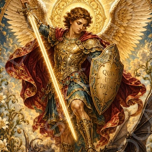 Puede incluir: Una impresión rectangular vertical que representa a San Miguel con grandes alas, vistiendo armadura dorada y capa roja, sosteniendo una espada brillante y un escudo con la inscripción 'QUIS UT DEUS'. Se encuentra sobre un dragón, rodeado de lirios.