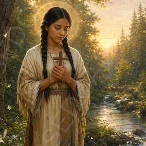 May include: A person with long braided hair wearing a beige fringed tunic and holding a wooden cross. A glowing halo surrounds their head. The person stands near white lilies and a flowing stream in a forest setting during a golden sunset.