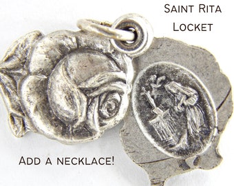 Vintage Saint Rita - St Anthony Flower Shaped Catholic Locket Medal | Saint for Mom Religious Charm | Patron Saint Medal | Sacramentals - 9