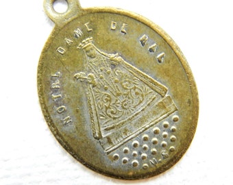 Antique French Virgin Mary Notre Dame de Hal Catholic Medal | Bronze Catholic Items | Holy Virgin Catholic Pendants | Mary Medallion - 1