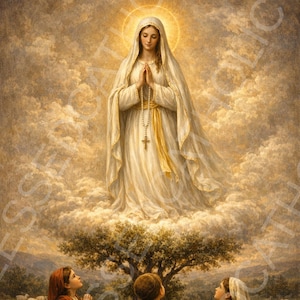 Può includere: Un dipinto artistico raffigura una scena religiosa. Una donna in abito bianco con un'aureola dorata è sopra tre bambini inginocchiati in preghiera. I bambini sono in un campo con un albero e pecore.