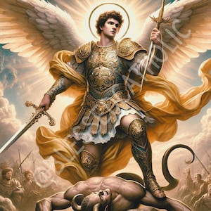 May include: A painting of an angel with golden armor and wings, holding a sword and standing over a fallen demon. The angel has a halo and is depicted in a dramatic pose.